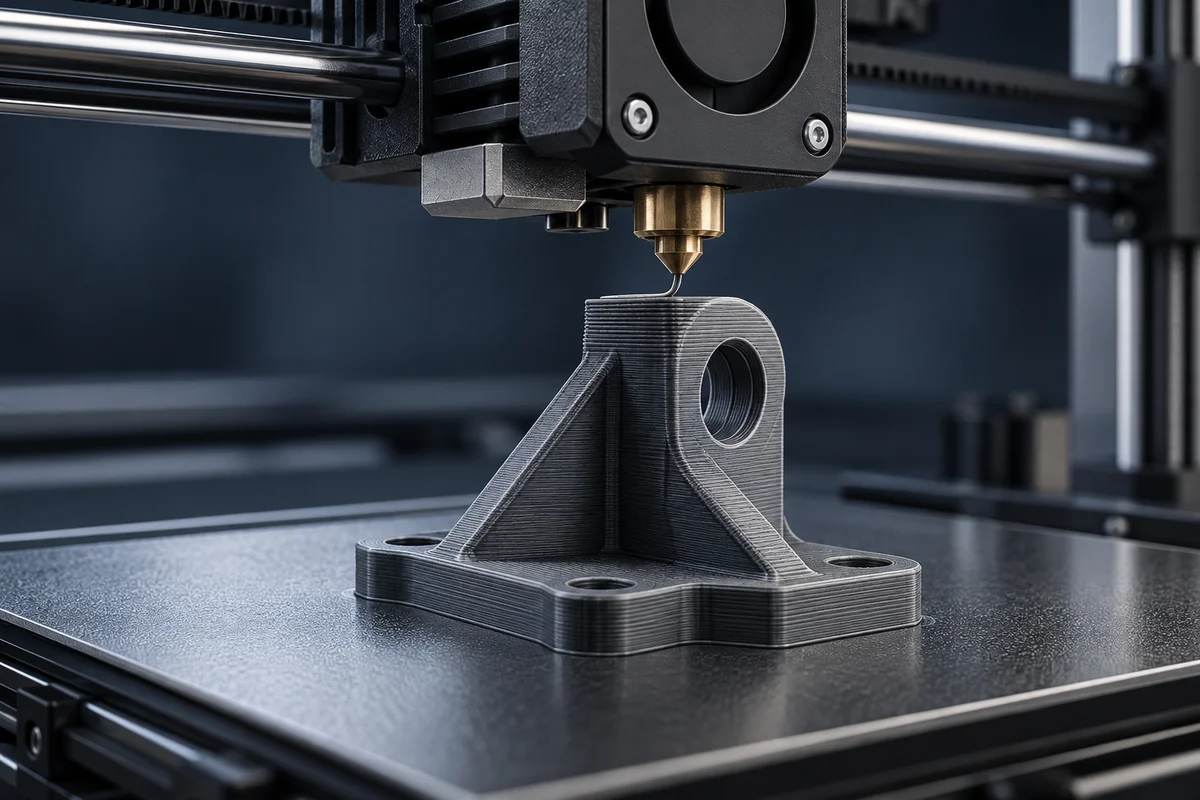 3D-принтер послойно печатает механическую деталь